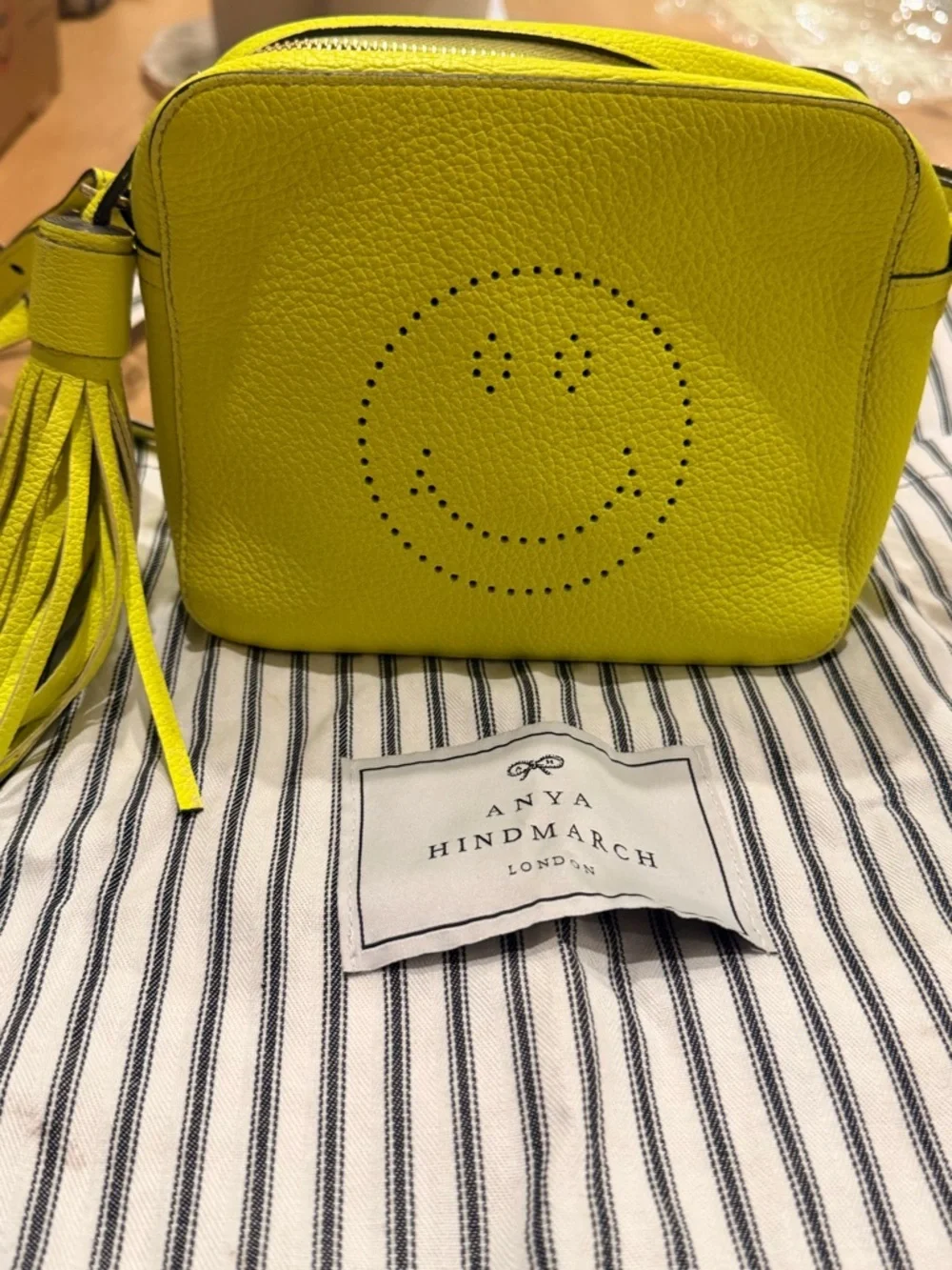 Anya Hindmarch Neon Yellow Perforated Smiley Leather Crossbody - Picture 1 of 11